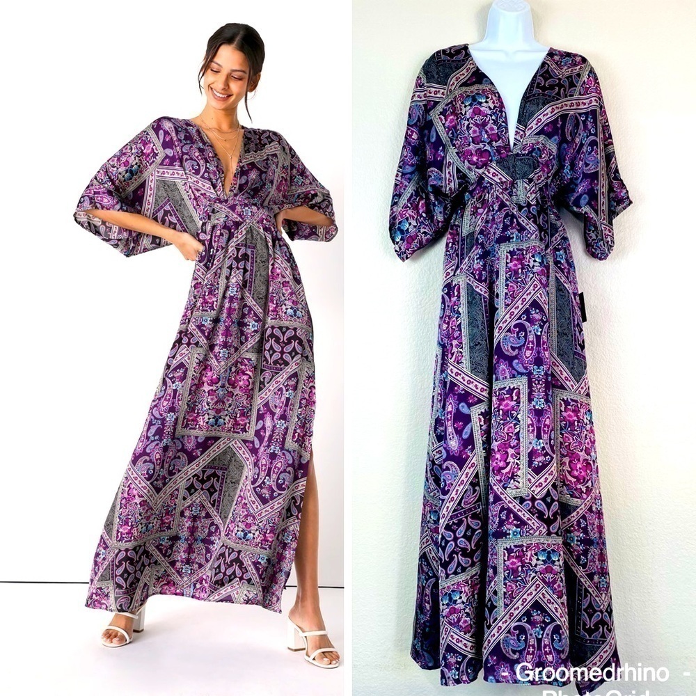 Lulu’s Romantically Retro Purple Paisley Dolman Sleeve Maxi Dress Size XS